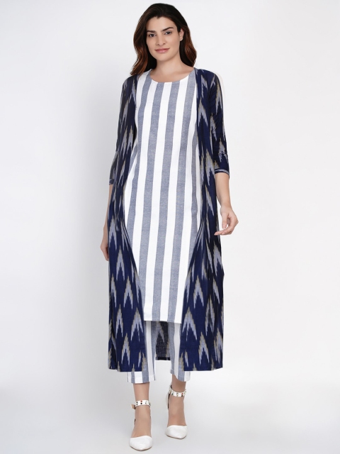 FABNEST Women Blue & White Striped Kurta with Trousers
