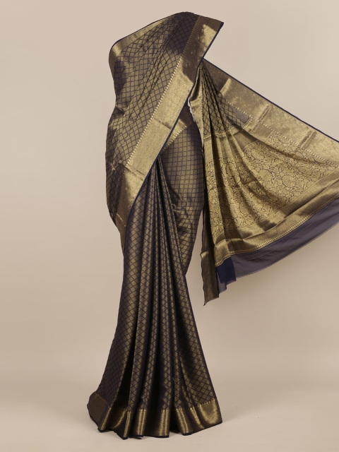 Pothys Gold-Toned & Green Pure Chiffon Woven Design Saree