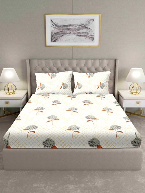 BELLA CASA White & Grey Floral 160 TC Cotton 1 King Bedsheet with 2 Pillow Covers