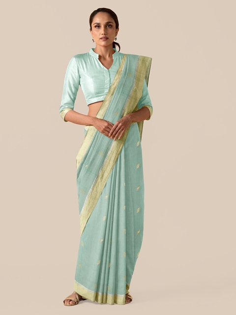 Taneira Green & Gold-Toned Silk Cotton Woven Design Chanderi Saree