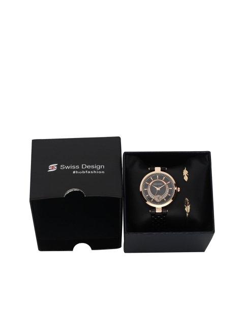 Swiss Design Women Black & Gold-Toned Watch & Jewellery Gift Set SDWGift Set-63