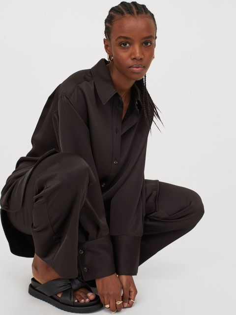 H&M Women Brown Solid Wide Pull-On Sustainable Trousers