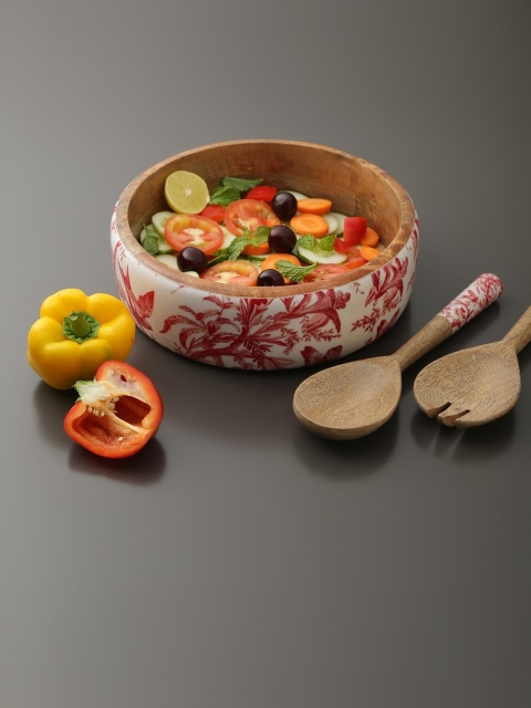 Amoliconcepts Red & White Printed With Enamelling Wood Salad Bowl