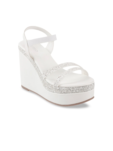 Metro Women White & Silver-Toned Embellished Wedges