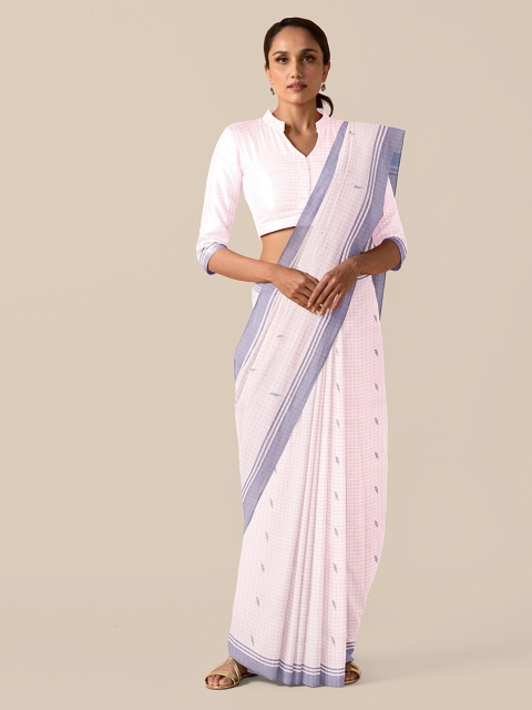 Taneira Pink & Blue Silk Cotton Checked Chanderi Saree