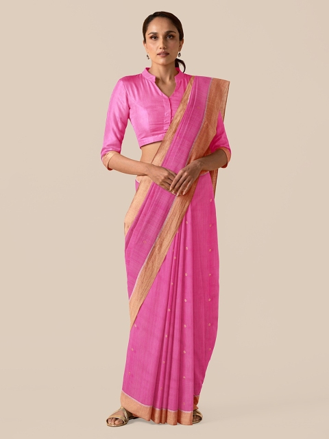 Taneira Pink & Gold-Toned Silk Cotton Woven Design Chanderi Saree