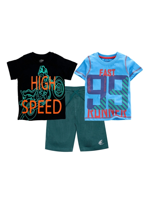 KiddoPanti Boys Black & Blue Printed T-shirt with Shorts