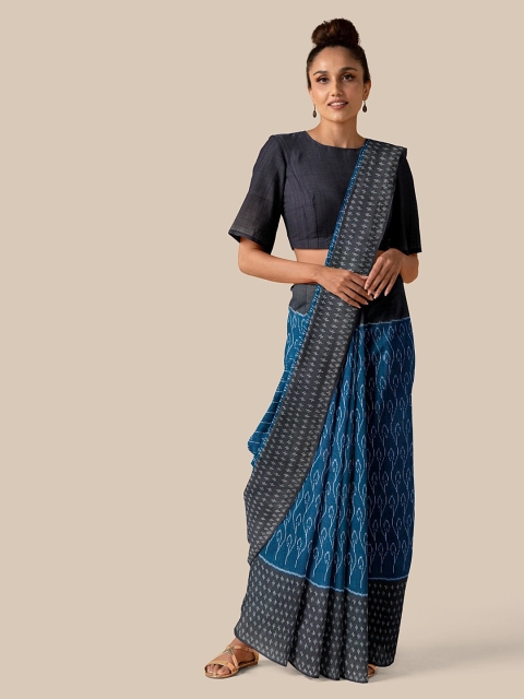 Taneira Blue & Black Pure Cotton Printed Ikat Saree