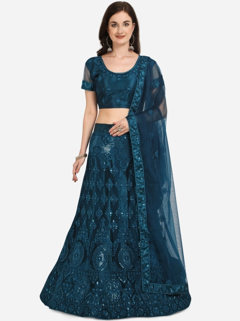 Netram Teal Embroidered Semi Stitched Lehenga & Blouse with Dupatta