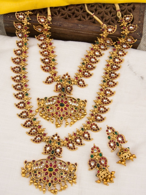 Alankruthi Gold-Plated Pink & Green Stone-Studded Temple Jewellery Set