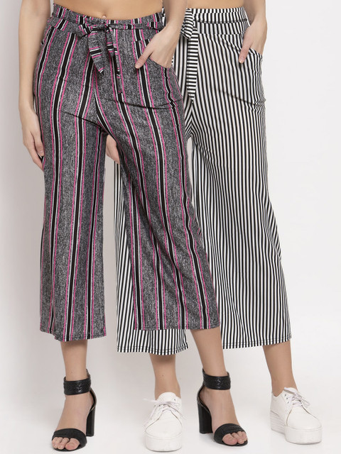 KLOTTHE Women Pack of 2 Black & Pink Striped Wide Leg Palazzos 
KLOTTHE Women Pack of 2 Black & Pink Striped Wide Leg Palazzos
