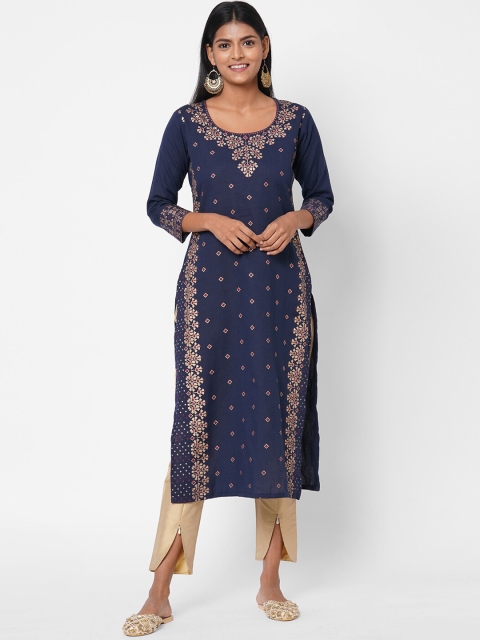 FASHOR Women Navy Blue Ethnic Motifs Printed Kurta