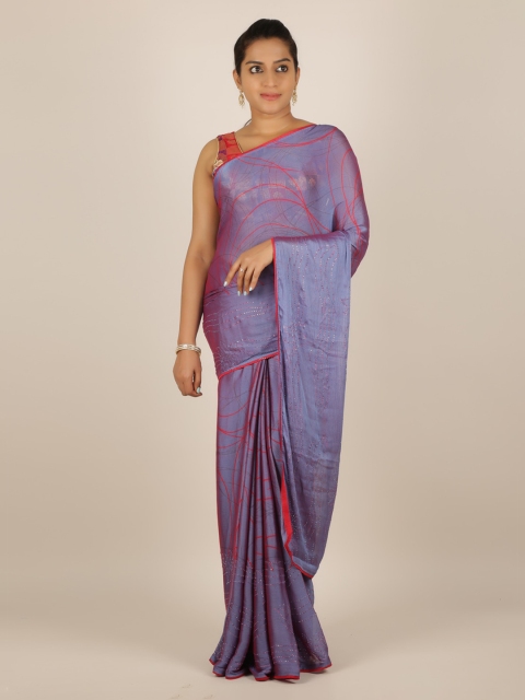 Pothys Blue Embellished Poly Chiffon Saree