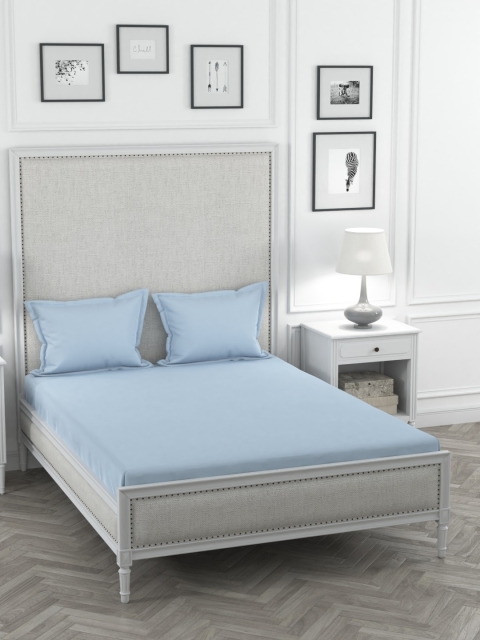 Portico New York Blue Solid 200 TC Cotton 1 King Bedsheet with 2 Pillow Covers