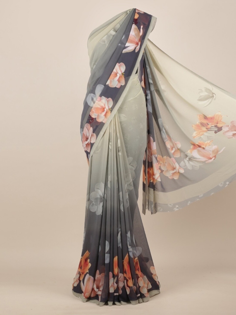 Pothys Grey Printed Poly Chiffon Saree