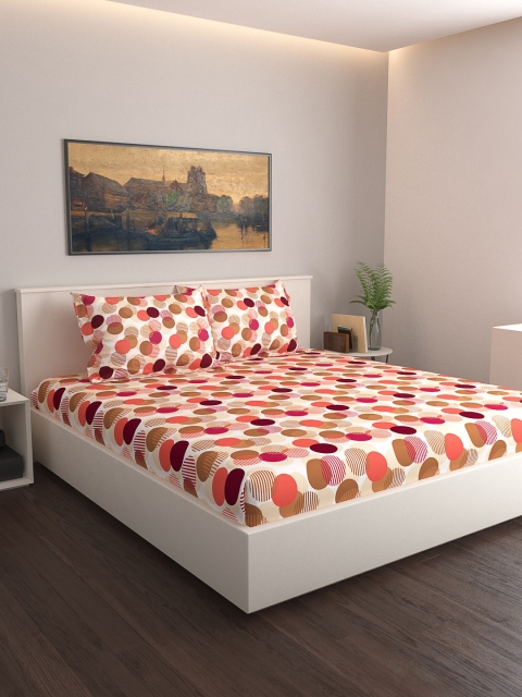 GRES HOME White & Coral Geometric 120 TC Cotton 1 Queen Bedsheet with 2 Pillow Covers
