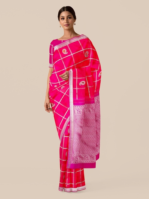 Taneira Pink & Silver-Toned Pure Silk Checked Kanjeevaram Saree