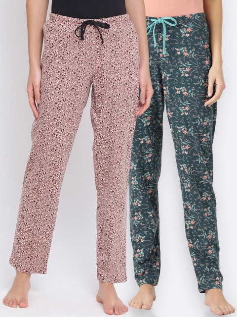 Kanvin Women Pack Of 2 Printed Lounge Pants, Green