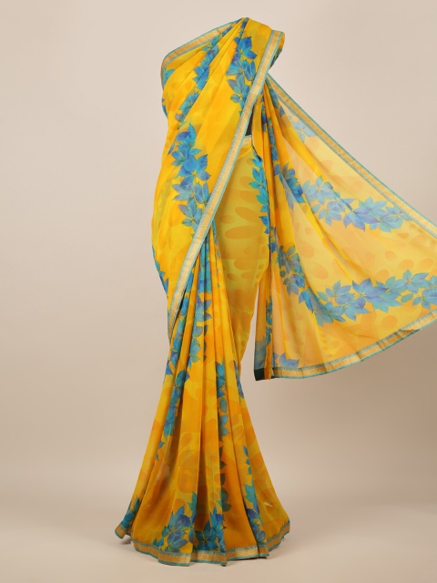 Pothys Yellow & Blue Poly Chiffon Printed Saree