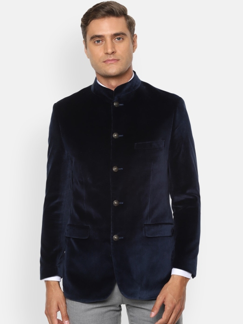 Louis Philippe Men Navy Blue Solid Bandhgala Blazer