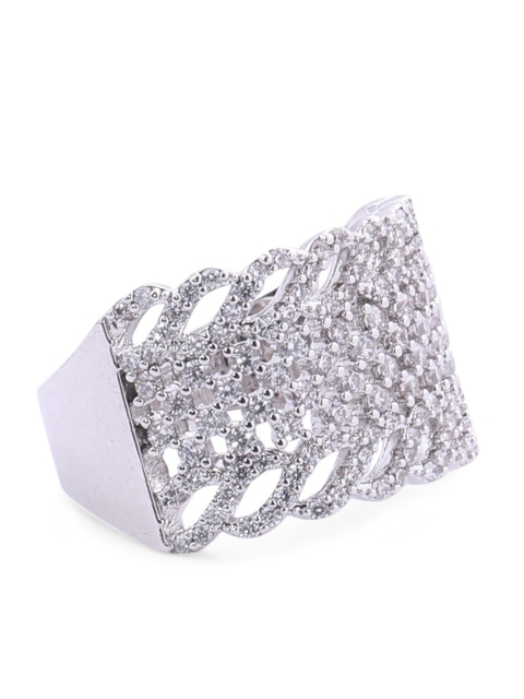 shaze Silver-Toned & White CZ-Studded Statement Finger Ring