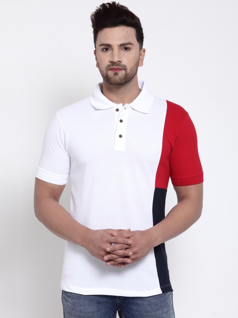 Kalt Men White & Red Colourblocked Polo Collar T-shirt