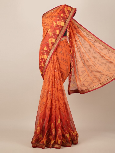 Pothys Orange Printed Poly Chiffon Saree