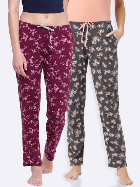 Kanvin Women Pack of 2 Printed Lounge Pants, Maroon
