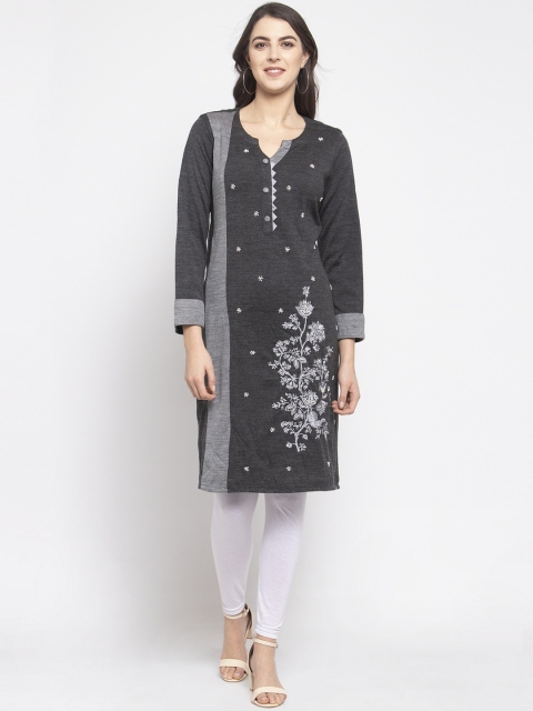 Laabha Women Grey Embellished Straight Kurta
