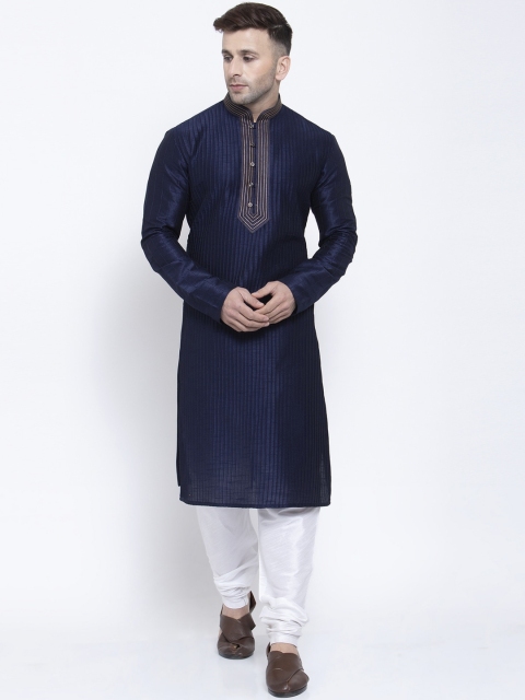 Badoliya & Sons Men Navy Blue Striped Kurta with Churidar