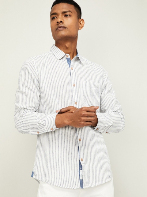 Forca Men Navy Blue & White Slim Fit Striped Casual Shirt