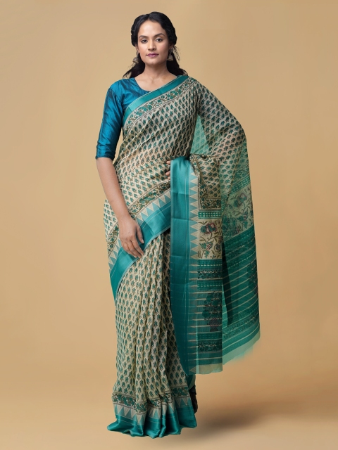 Unnati Silks Blue & Brown Silk Cotton Printed Chanderi Saree