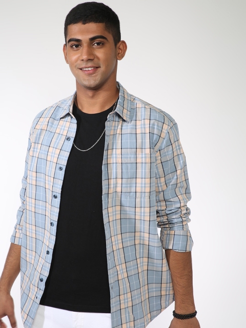 Blue Saint Men Yellow Slim Fit Checked Casual Shirt
