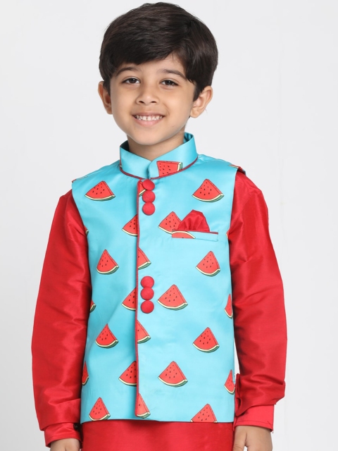 JBN Creation Boys Turquoise Blue & Red Printed Satin Nehru Jacket
