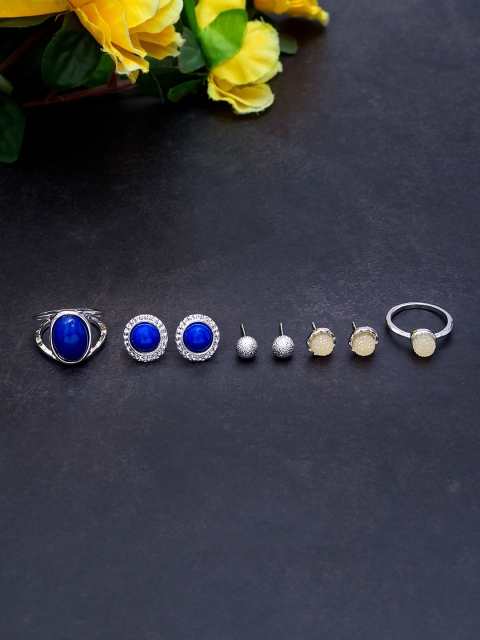 Golden Peacock Set Of 2 Silver-Toned Stone Studded Ring With 3 Pair Earrings