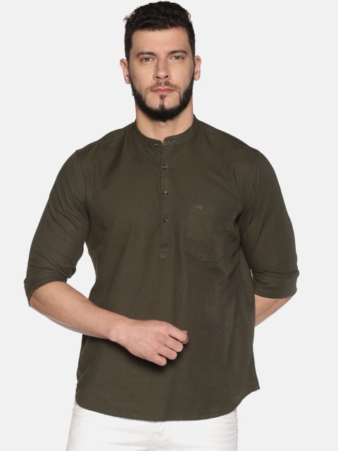 Chennis Men Olive Green Solid Straight Kurta