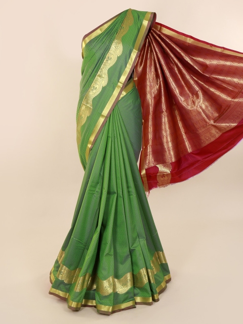 Pothys Olive Green & Gold-Toned Art Silk Printed Saree with Contrast Pallu