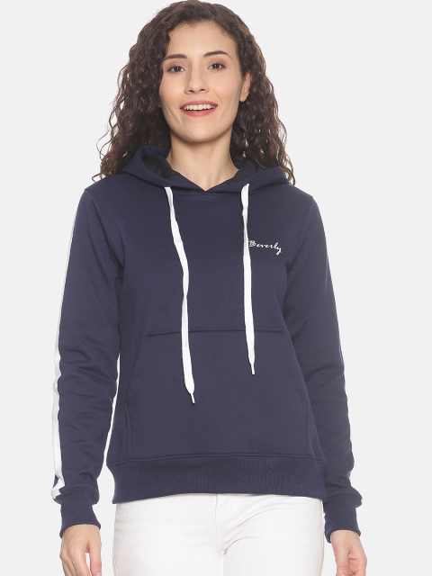 BEVERLY BLUES Women Navy Blue Solid Hooded Sweatshirt