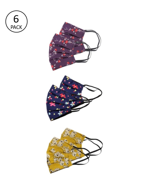 Bellofox Pack of 6 Printed 3-Ply Cloth Face Masks, Purple