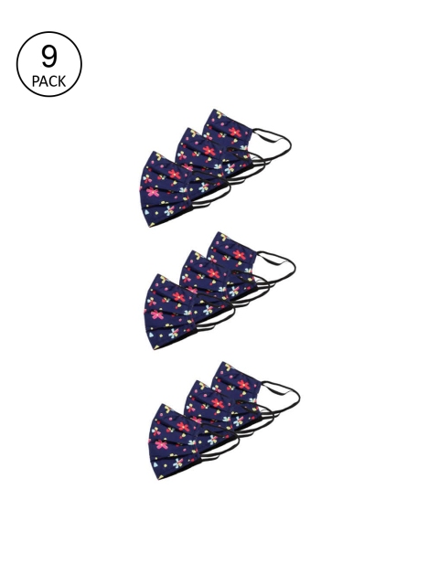 Bellofox Pack Of 9 Floral Printed 3Ply Protective Outdoor Face Masks, Blue