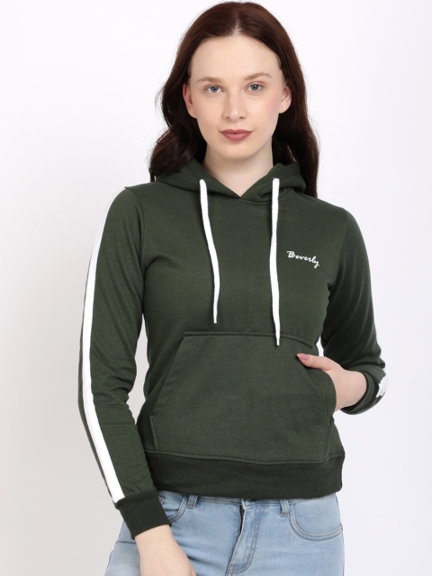 BEVERLY BLUES Women Olive Green Solid Hooded Sweatshirt