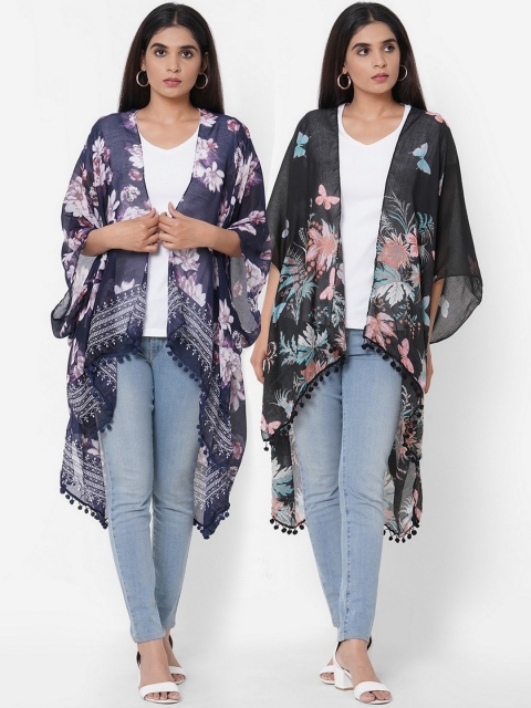 Get Wrapped Women Multicolour Printed Kimono Shrug with Pom Pom Pack of 2, Multi
