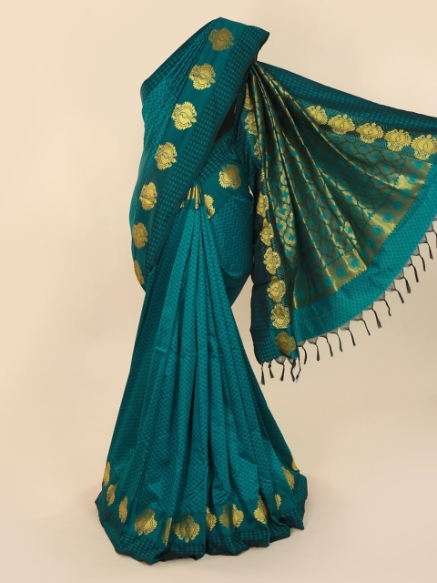 Pothys Teal & Gold-Toned Art Silk Printed Saree with Jhalar Pallu