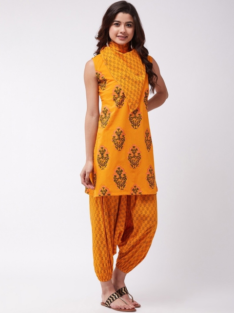 InWeave Women Orange & Peach-Coloured Block Printed Cotton Kurta with Harem Pants