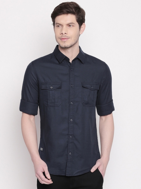 Mufti Men Navy Blue Slim Fit Solid Casual Shirt