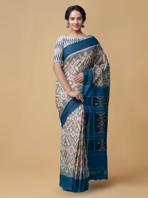 Unnati Silks Grey & Blue Pure Cotton Printed Pochampally Saree