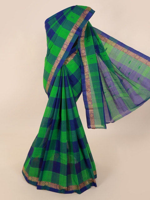 Pothys Green & Blue Pure Cotton Checked Saree