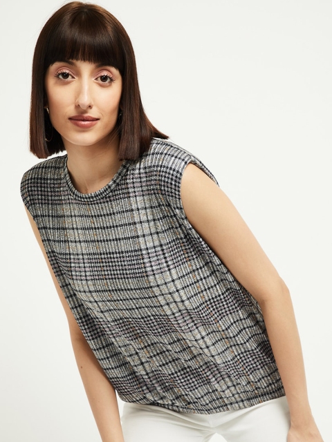 max Women Grey Checked Blouson Top