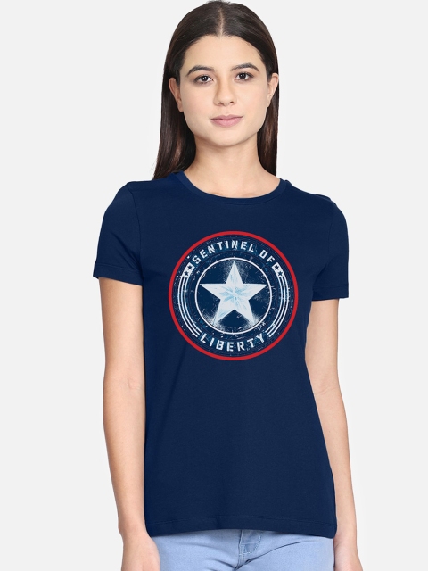 Free Authority Women Blue Captain America Printed Round Neck T-shirt