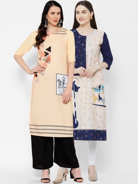7Threads Women Multicoloured Printed Straight Kurta Pack Of 2, Multi